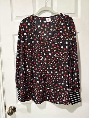 CAbi Black Floral Button-Down Blouse with Striped Cuffs